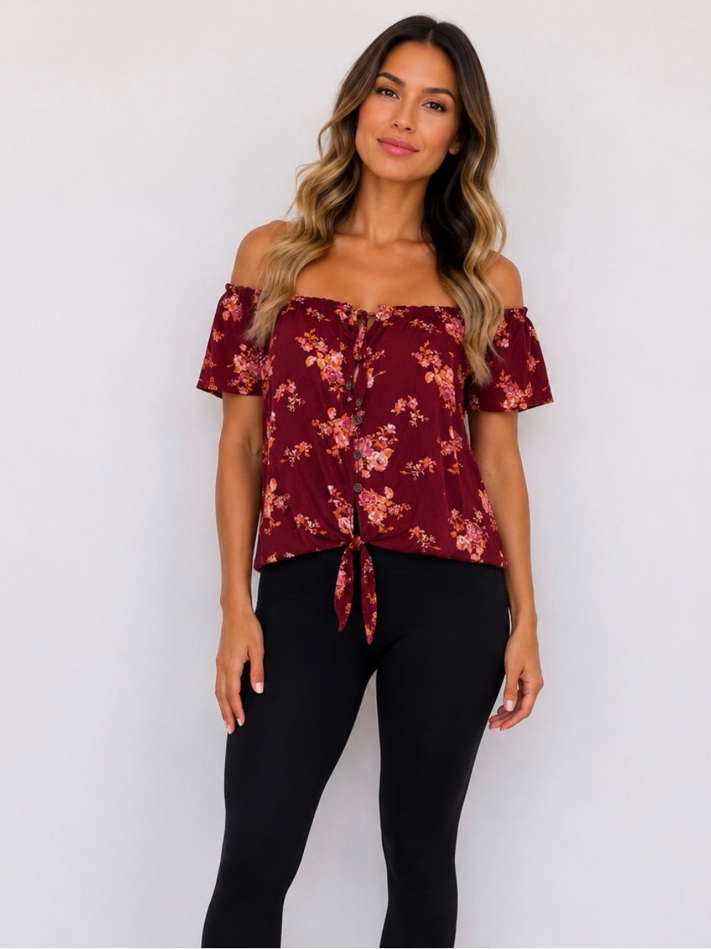 Women’s Off-Shoulder Floral Tie-Front Crop Top - Burgundy Floral